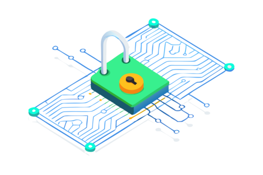 3D Render Digital Security Padlock on Circuit Board