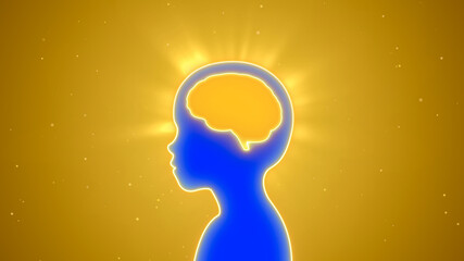 Kid with blank glowing neon brain background, children study idea concept, Intelligence and creativity learning in smart education, Critical thinking process, empty child head for design illustration