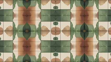 Botanical geometric seamless pattern with earthy tones and symmetrical leaf motifs.