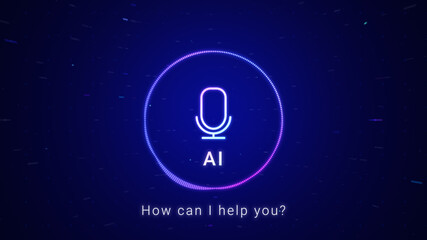 AI voice recognition personal assistant technology concept, smart artificial intelligence app screen, machine speech generated, online support chat bot, automated virtual business customer service