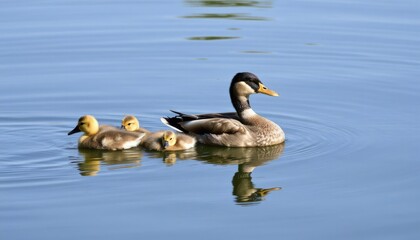 Mother duck swimming with her ducklings in a calm pond  