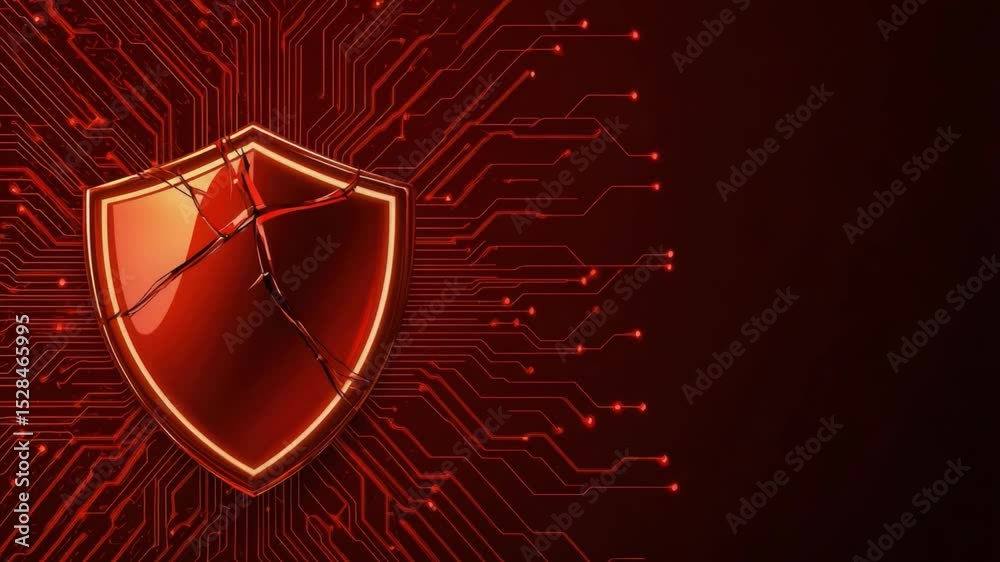 Poster shattered shield symbolizing cybersecurity vulnerability with abstract circuit background design in 
