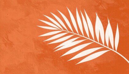 White Palm Leaf on Orange Textured Background
