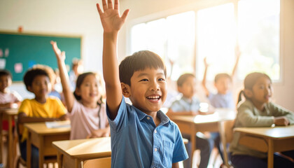 Young child in sunlit classroom raises their hand with bright smile, surrounded by classmates eager to participate. atmosphere is filled with excitement and curiosity