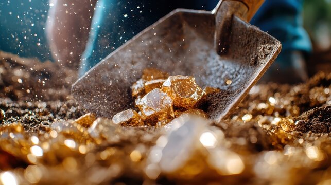 A shovel lifts sparkling gold nuggets from the ground, highlighting the excitement of treasure hunting and the allure of discovering valuable resources in nature.