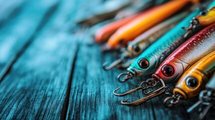 Fototapeta premium An array of colorful fishing lures displayed on a rustic wooden surface, emphasizing the artistic details and textures inherent in fishing gear.