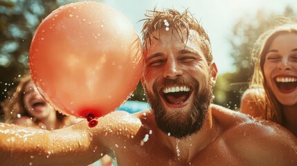 A vibrant poolside scene showcasing joyful friends laughing and splashing water, holding a balloon, depicting the carefree essence of summer fun and friendship.