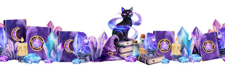 Watercolor fantasy border featuring a mystical black cat, glowing crystals, spell books, candles, and magic potions. Suitable for magical themes, scrapbooking, and decoupage.
