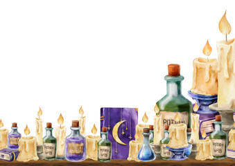 Watercolor composition of glowing candles, potion bottles labeled “Potion No. 13” and “Protect”, and a purple spellbook with a crescent moon on a wooden shelf. A mystical witchcraft still life.