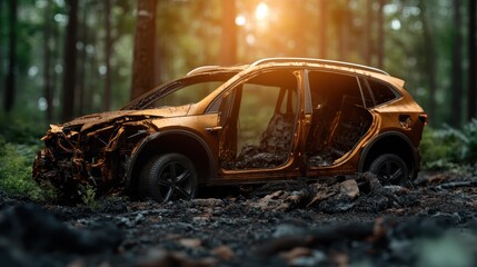 Fototapeta premium A charred SUV rests abandoned in a forest, representing loss, decay, and the stark contrast between nature's beauty and the remnants of human impact after a devastating fire.