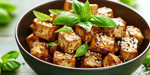 Delicious Tofu Dish with Fresh Basil, ai generated.