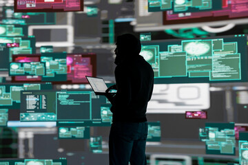 Conceptual representation of cyber crime with male hacker exploiting system vulnerability, using...