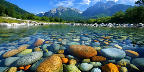 Mountain Stream with Colorful Rocks, ai generated.