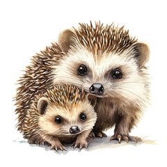 A Mother Hedgehog With Her Kid, watercolor clipart vector, high quality, isolated on a white background.