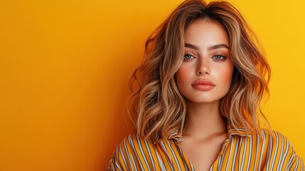 A stunning young woman displays a confident smile against a vibrant yellow backdrop, representing beauty and modern aesthetics that captivate and engage viewers with high energy.