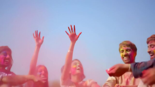 Joyful friends celebrating Holi festival outdoors throwing vibrant colored powder and petals under a clear blue sky