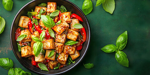 Delicious Tofu Dish with Fresh Basil, ai generated.