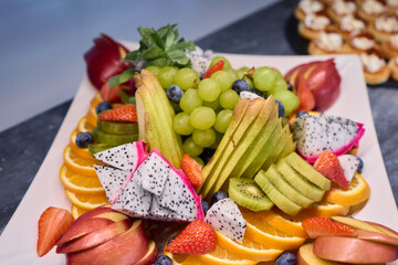 An Elegant and Colorful Fruit Platter Featuring a Variety of Exquisite Exotic Fruits