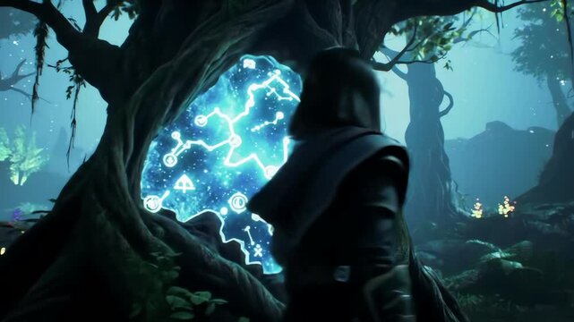 Young Woman in Hood Explores Mystical Forest Discovering Glowing Star Map Portal in Ancient Tree