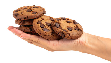 Delicious chocolate chip cookies hand isolated on a white background png ai generated