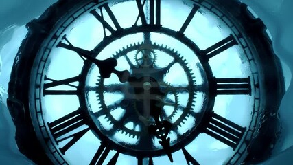 Icy Vintage Clock with Moving Hands and Visible Gears Reveals a Mystical Glowing Symbol - Powered by Adobe