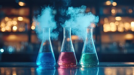 Three colorful flasks filled with vibrant liquids emit steam, creating a captivating scene that showcases the art of scientific experimentation and discovery.