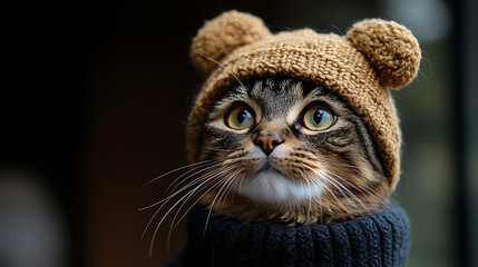 Adorable Tabby Cat Wearing a Knit Bear Ear Beanie Hat