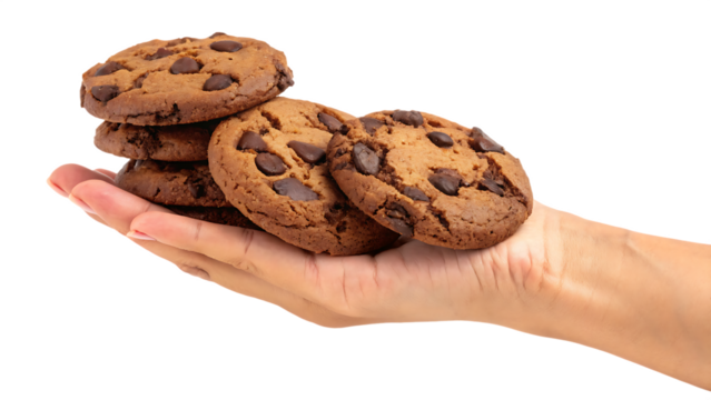 Delicious chocolate chip cookies hand isolated on a white background png ai generated