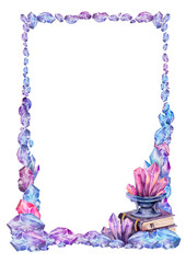 Vertical frame made of watercolor crystals. A bowl of pink crystals and spellbooks decorate the bottom right corner. For invitation templates, posters, or magical-themed cards.
