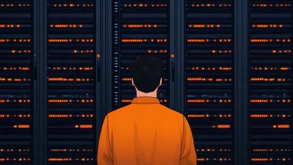Person in Orange Shirt Stands Before Server Rack with Bright Lights and Data Displays in a Data Center Environment - Powered by Adobe