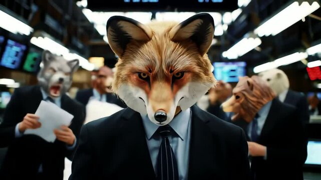 Businessmen in Animal Masks Celebrate Wildly on Chaotic Stock Trading Floor with Papers Flying
