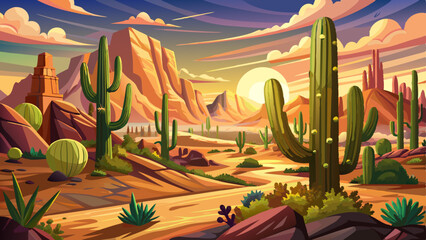 Majestic saguaro cacti dominate a sun-drenched desert landscape, showcasing diverse flora and rugged terrain, nature, mexico  Very beautiful