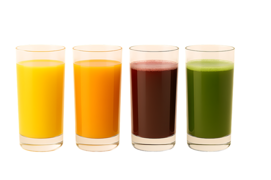 "Four colorful fresh juices in glasses - yellow, orange, purple & green. Healthy detox smoothie collection perfect for wellness, nutrition & cleanse content."