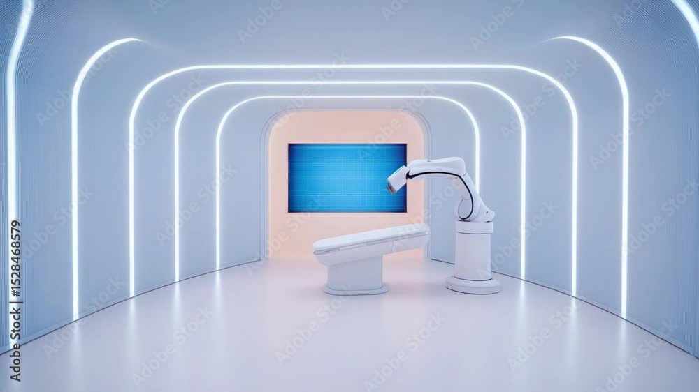 Poster futuristic automated workspace with robotic arms and illuminated archways in minimalist design envir