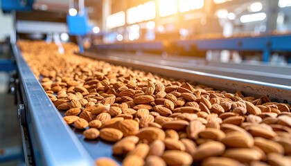 Fototapeta premium Rows of glistening almond nuts glide along conveyor belt, showcasing meticulous process of nut processing in bright, industrial setting
