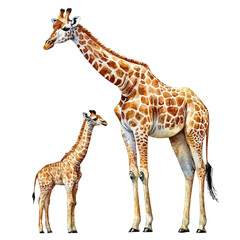 Fototapeta premium A Mother Giraffe With Her Kid, watercolor painting vector, high quality, isolated on a white background.