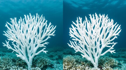 Save Our Reefs: Contrasting Healthy Reef and Bleached Coral Zones in Mixed Media Collage for Awareness Campaigns, Copy Space Available