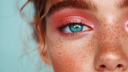 A stunning close-up of a woman's eye revealing vibrant makeup, red hues, and freckles, showcasing beauty and intricate details that convey allure and confidence.