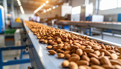 Fototapeta premium Rows of glistening almond nuts glide along conveyor belt, showcasing meticulous process of sorting and packaging in modern facility. scene reflects high fidelity and efficiency