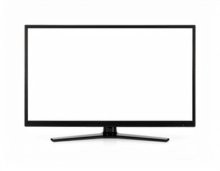 Front view of smart television mockup featuring blank screen set against white background, showcasing its sleek design and modern aesthetics