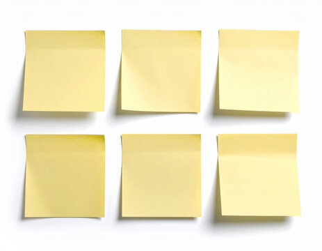Six pristine sticky notes arranged in grid, their adhesive surfaces glistening under soft light, ready for notes or reminders, adding touch of organization to any workspace