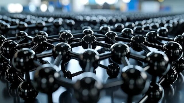 Detailed macro view of dark carbon nanotubes forming a geometric hexagonal structure, representing nanotechnology, scientific research and futuristic design, on blue reflective surface.