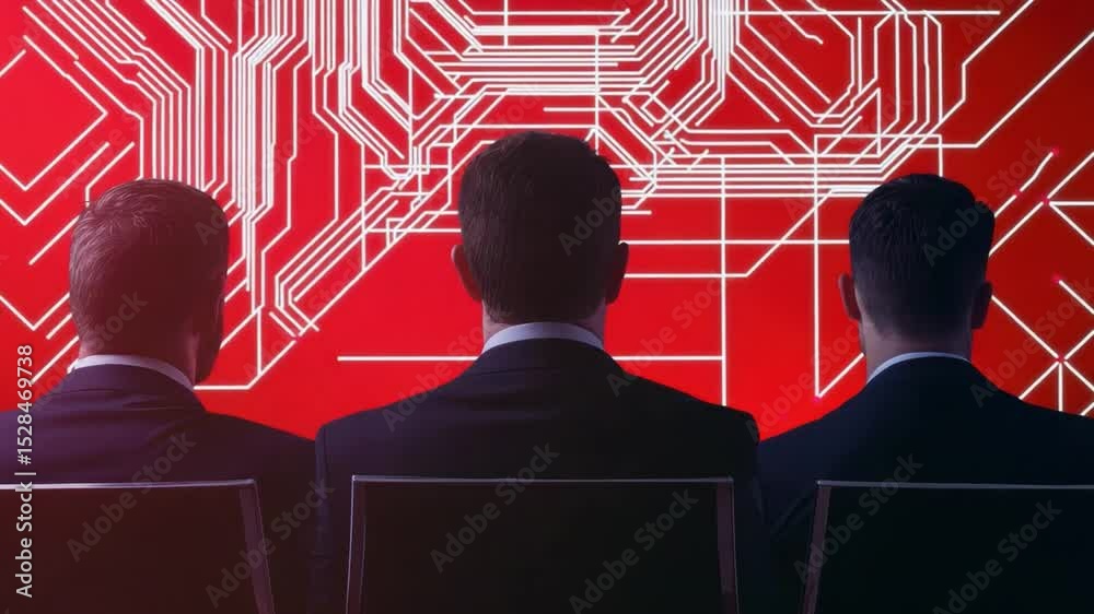 Poster three business individuals analyzing digital data on screen with red circuit design in background