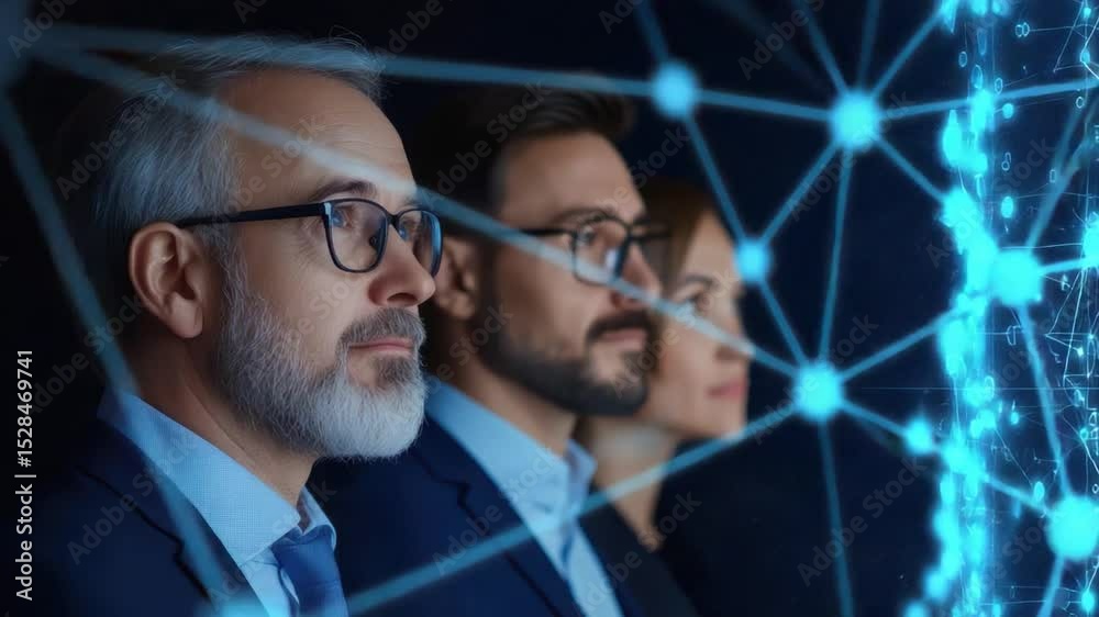 Poster professionals analyzing digital data and technology connection with network graphics in modern offic