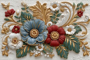 Floral embossed texture with sculpted red blue white flowers high resolution picture