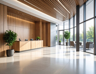 Modern office lobby showcases elegant wood and glass elements, creating welcoming atmosphere with natural light streaming through large windows. space features stylish furniture and greenery