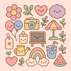 collection of cute kawaii style objects vector