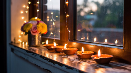 Warm Diwali Window Display with Lit Diyas and Festive Fairy Lights

