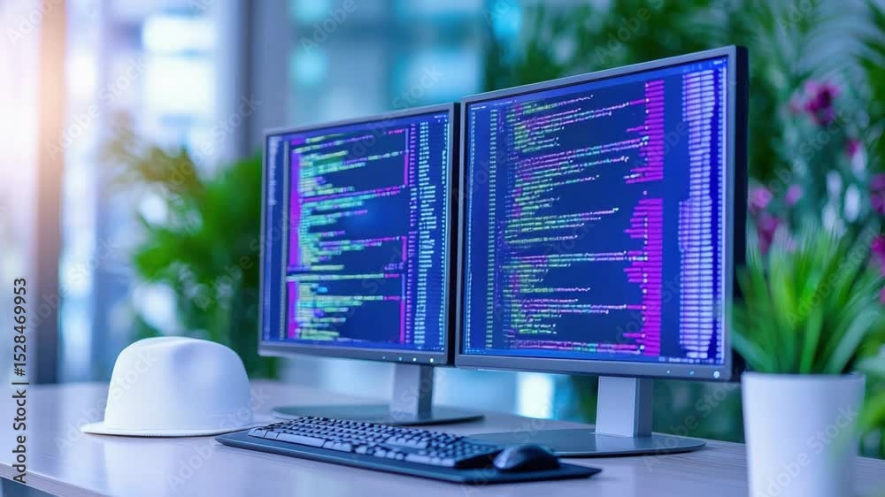 Poster modern computer workspace with dual monitors displaying colorful code and a hard hat in a bright off