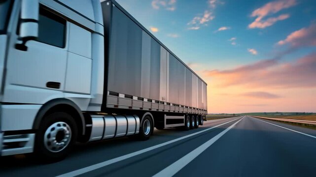 Langstreckentransport per LKW auf Autobahn bei Sonnenuntergang. K&uuml;nstliche Intelligenz KI